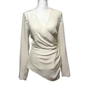 AMUR Joanna Womens‎ Wrap Blouse Top Ivory Silk Long Sleeve Button Detail Size M